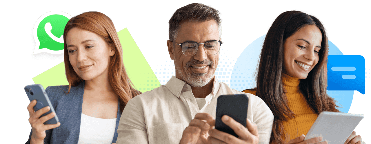 Consumers using phones and a tablet to message with a business through WhatsApp